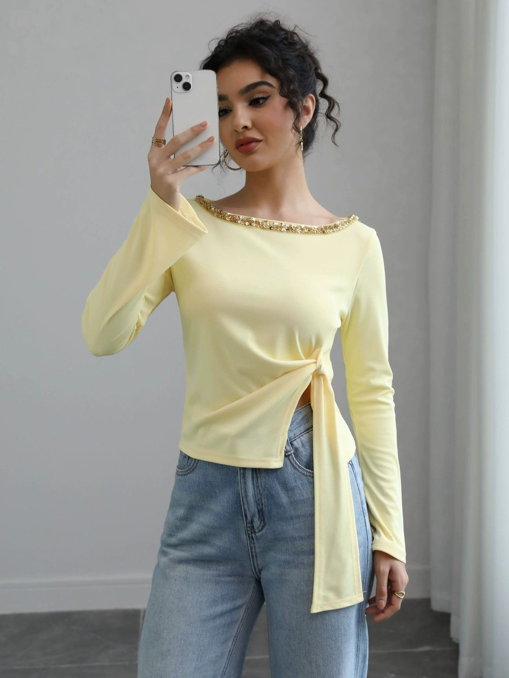 Zara Fall Design Sequins Slim Fit Asymmetric Tie Casual Tee